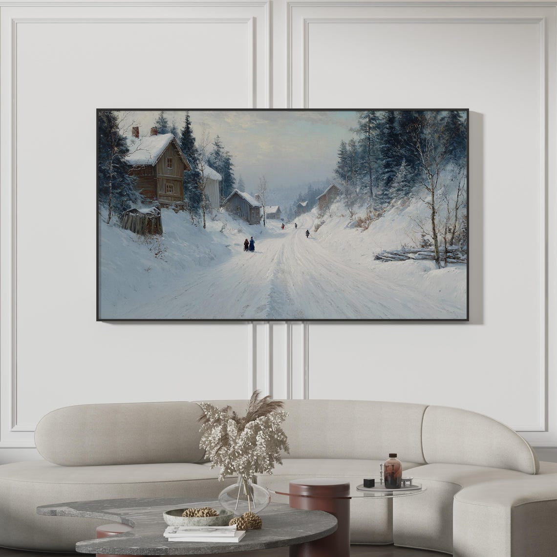 Winter Village Snow Road Vintage Christmas Landscape Art Poster