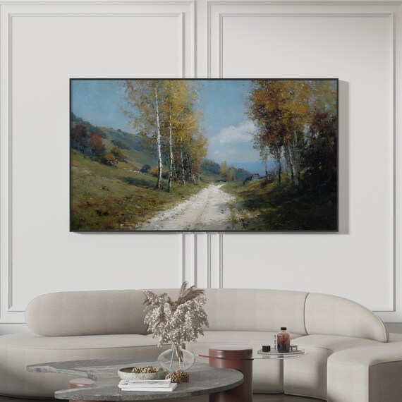 Autumn Frame Tv Art Vintage Country Road Painting Golden Birch Tree Path Rustic Fall Landscape Scenic Nature Screensaver 4k