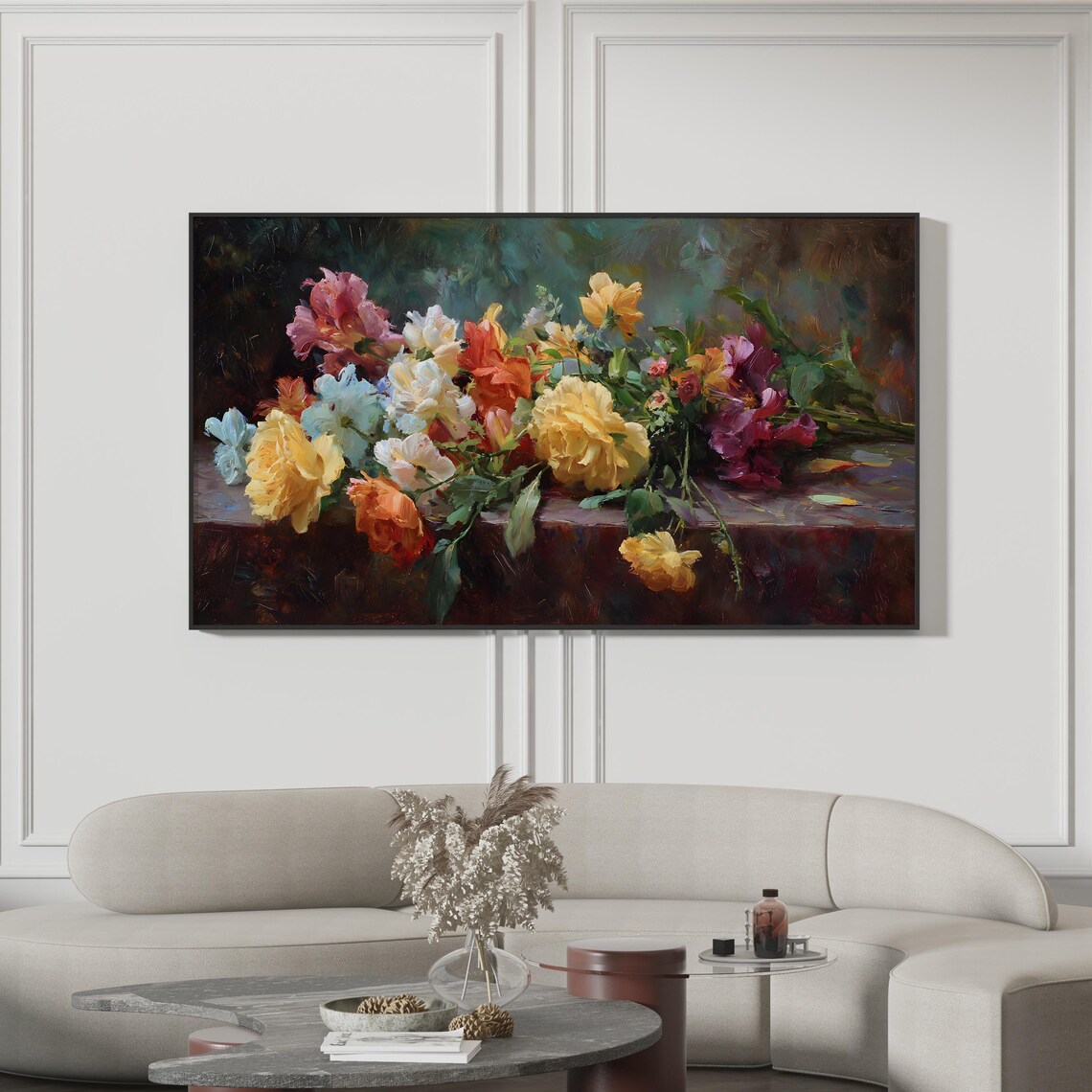 Floral Still Life Oil Painting Poster Roses Peonies Dark Moody Flower Art