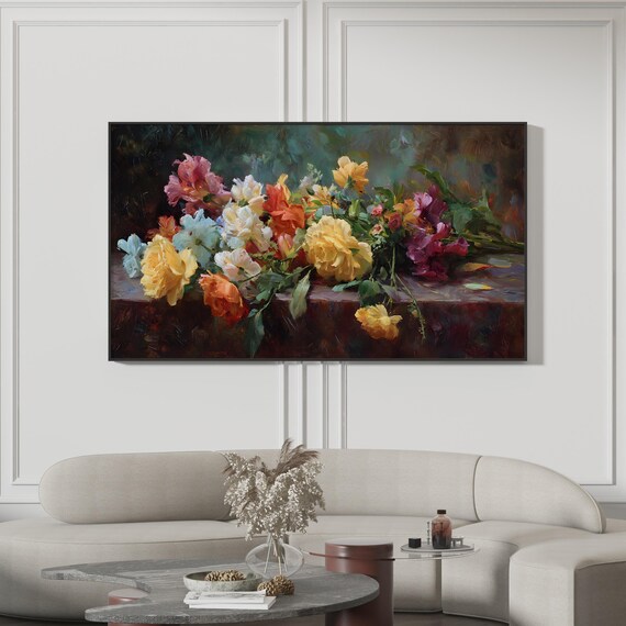 Floral Still Life Oil Painting Poster Roses Peonies Dark Moody Flower Art