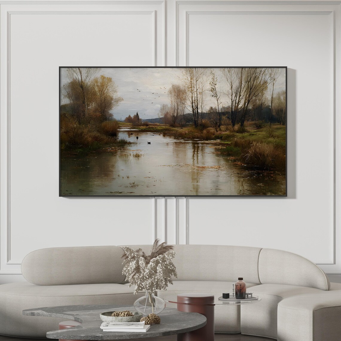 Misty Peaceful Autumn River Calm Water Oil Painting Landscape Poster