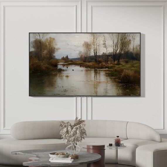Samsung Frame Tv Art Autumn River Oil Painting Fall Foliage Landscape Reflecting Trees Water Rustic Harvest Decor 4k