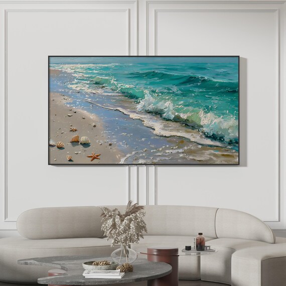 Turquoise Ocean Waves Seashell Shore Oil Painting Beach Wall Poster