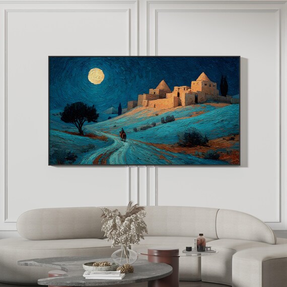 Moonlit Desert Fort Golden Moon Impressionist Painting Poster