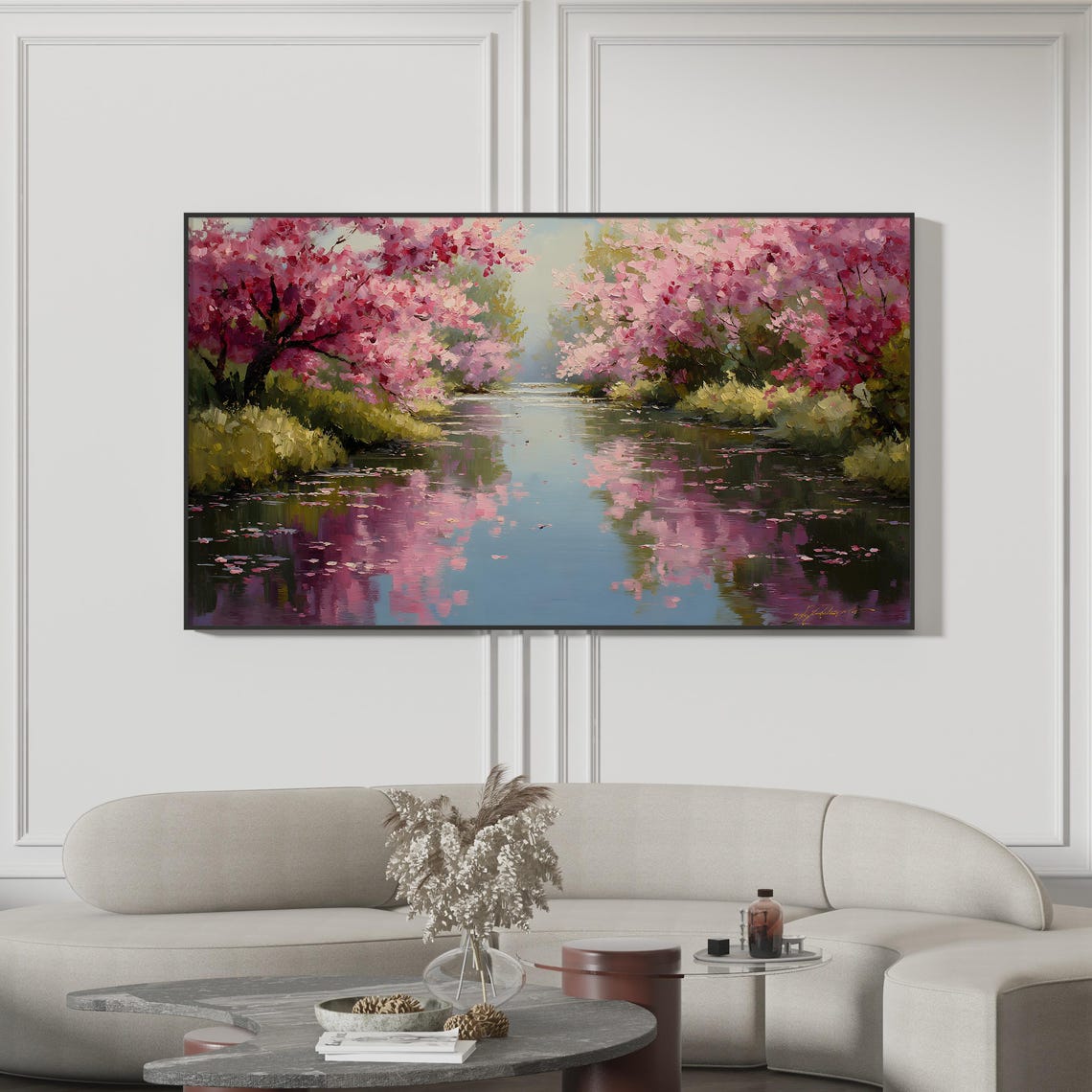 Cherry Blossom Spring River Reflection Oil Painting Landscape Poster