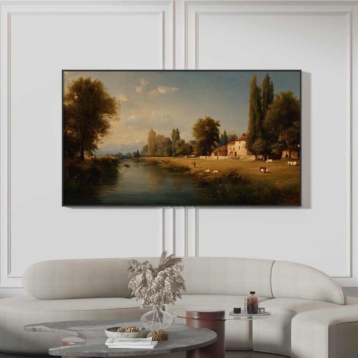 Italian Countryside River Villa Poplars Grazing Cattle Art Poster
