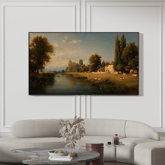 Italian Countryside River Villa Poplars Grazing Cattle Art Poster
