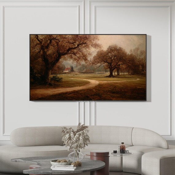 Moody Vintage Frame Tv Art Ancient Oak Grove Painting Rustic Country Estate Dark Academia Landscape Warm Sepia Wall 4k
