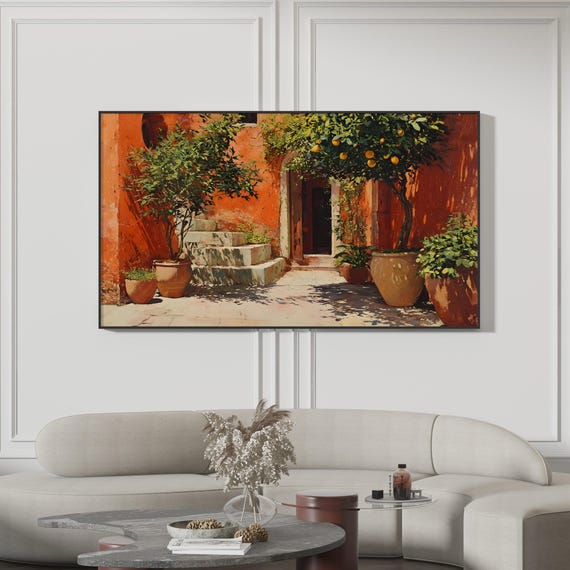 Mediterranean Summer Frame Tv Art Vintage Citrus Tree Oil Painting Warm Terracotta Wall Samsung Screensaver 4k
