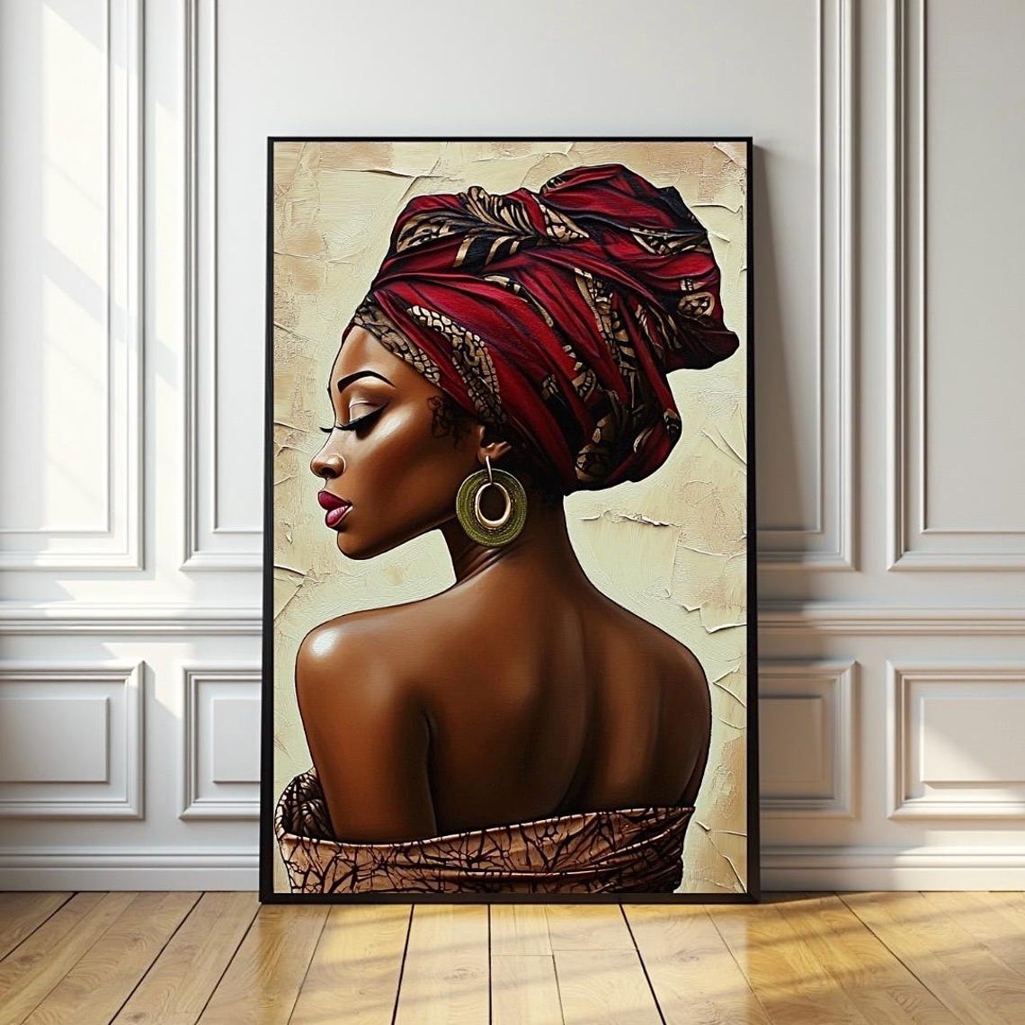African Woman in Red Headwrap Elegant Profile Portrait Poster