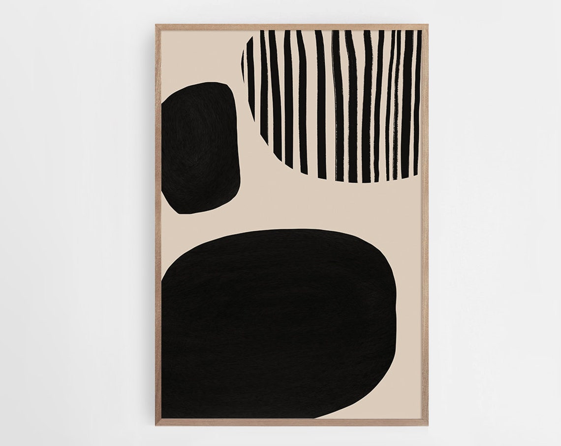 Black And Beige Modern Abstract Organic Shapes Stripes Wall Art