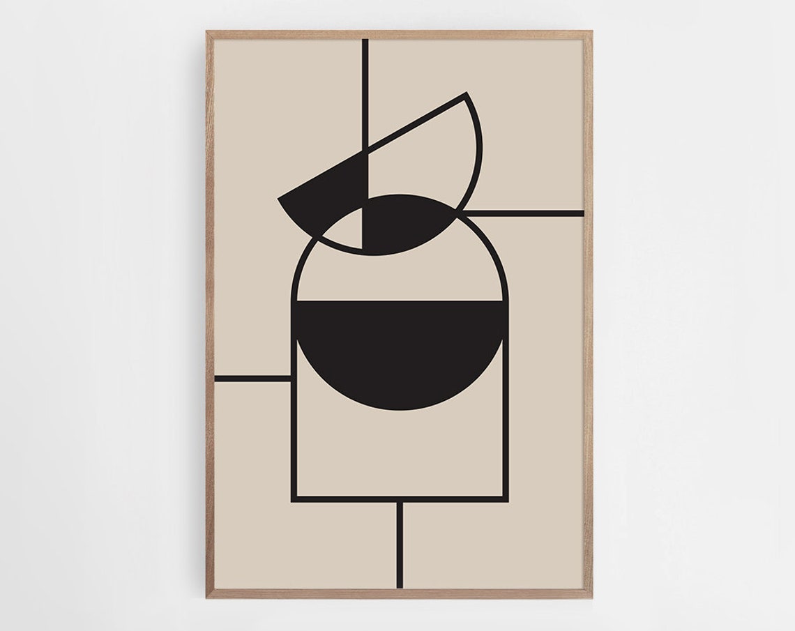 Black Geometric Line Art Beige Abstract Circles Minimalist Poster