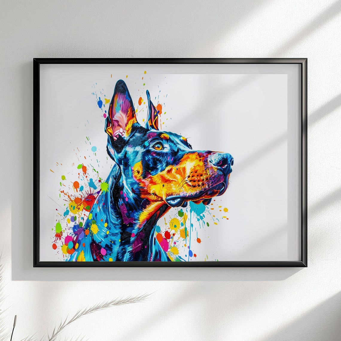 Dobermann Side Profile Watercolour Portrait Paint Splatter Poster