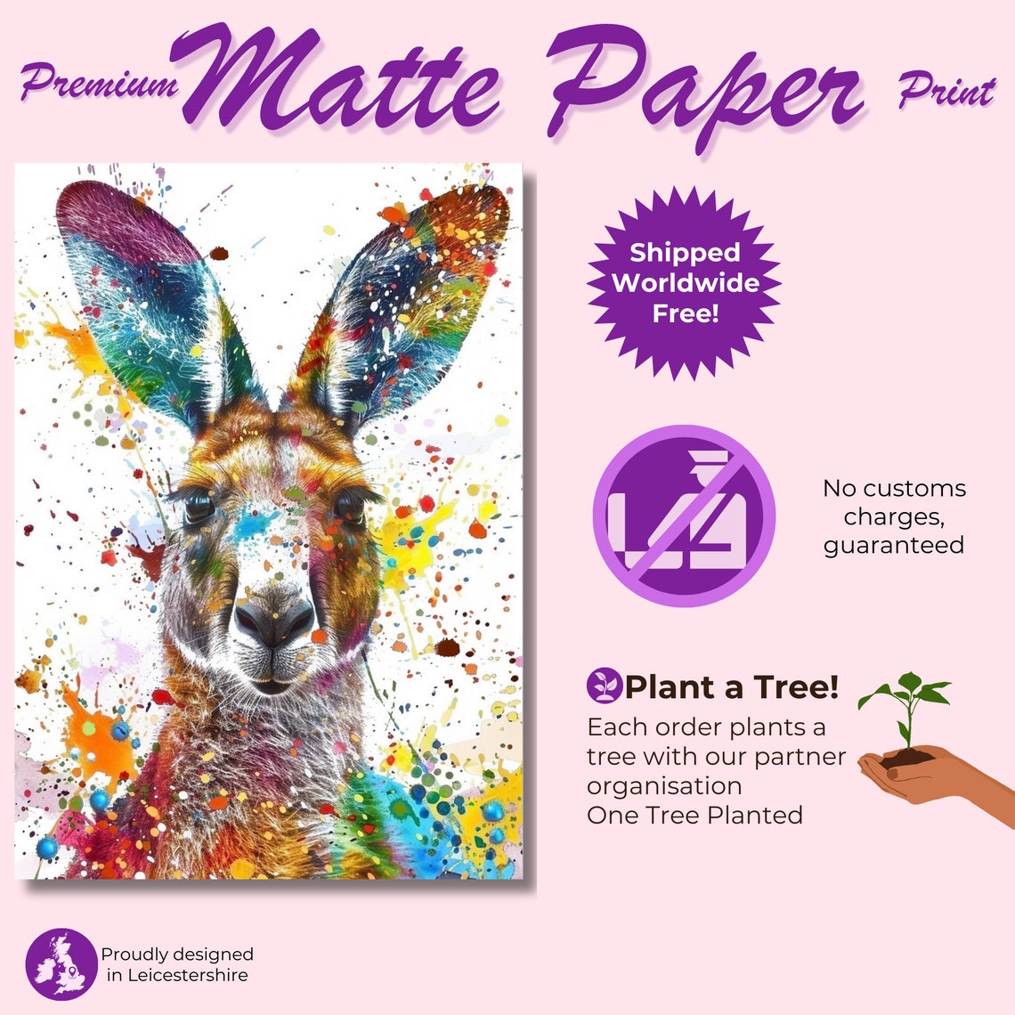 Rainbow Ear Kangaroo Watercolor Front Portrait Splash Art Poster - Image 3