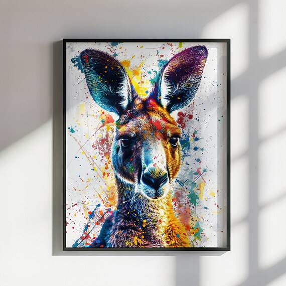 Prismatic Kangaroo Face Close Up Watercolor Splash Art Poster