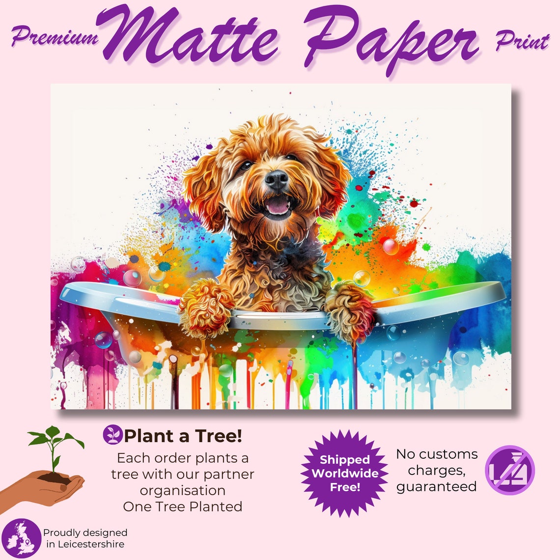 Apricot Cockapoo Puppy Bathtub Rainbow Drip Paint Art Poster - Image 3