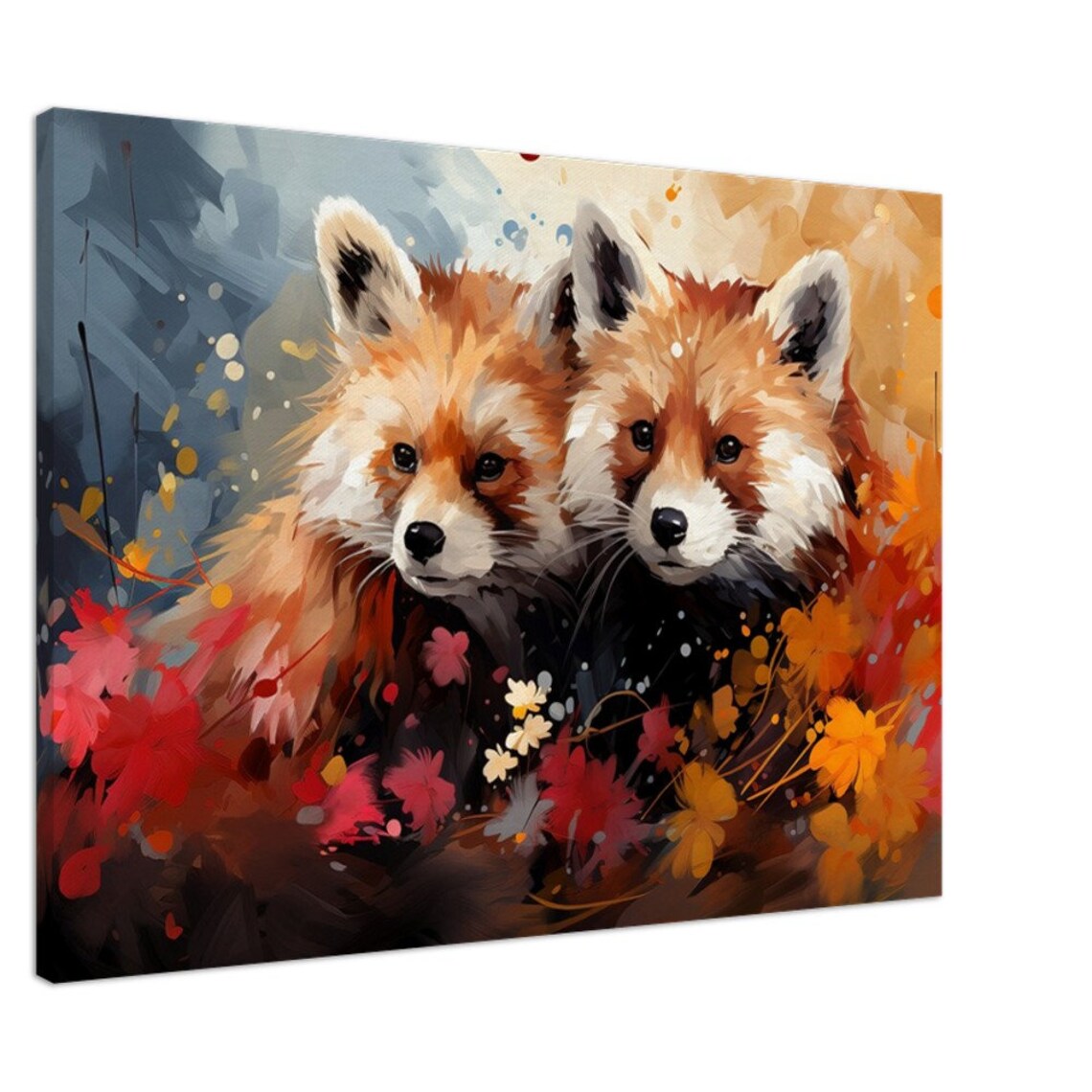 Two Red Fox Cubs Watercolor Portrait With Autumn Leaves Art Poster