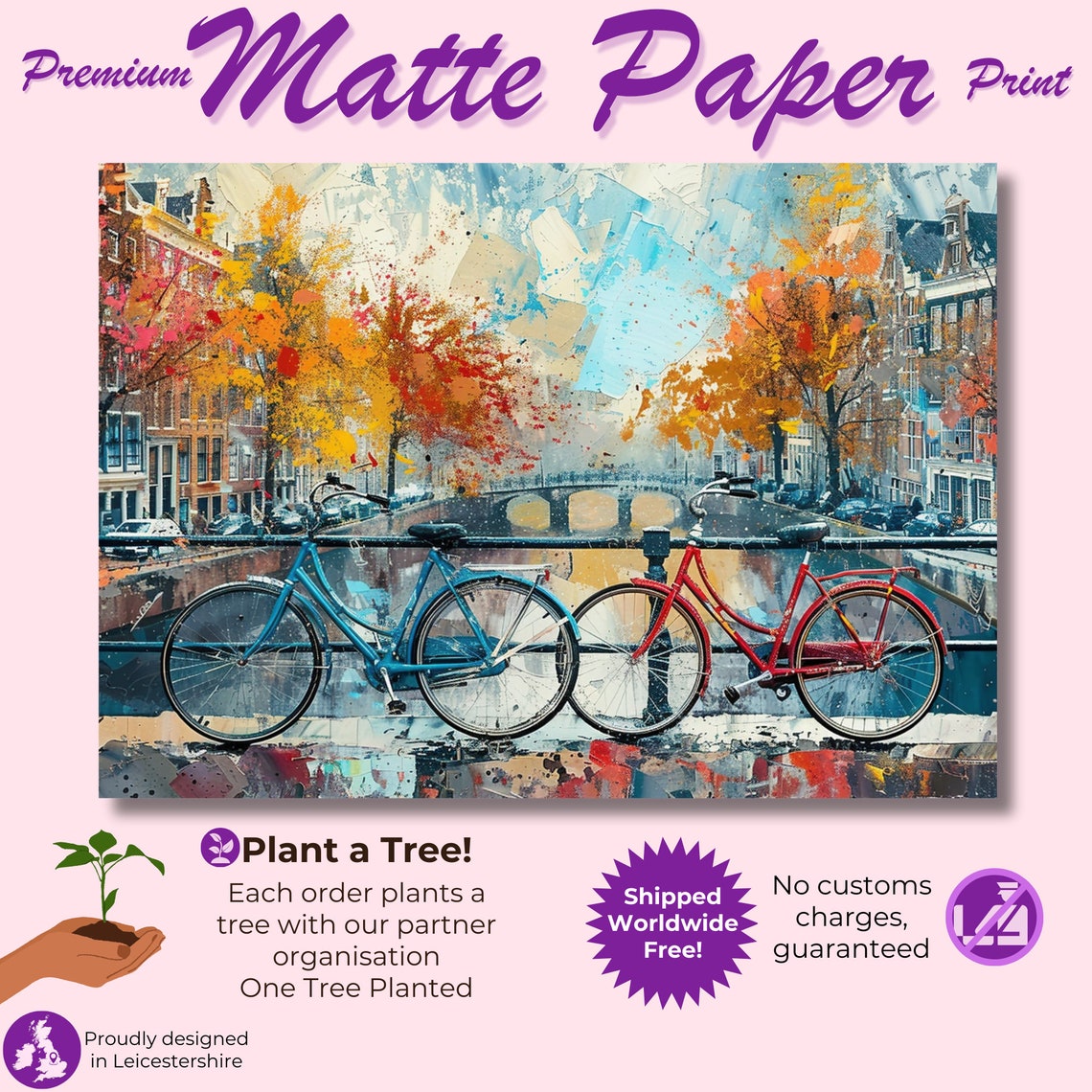 Two Bicycles on Canal Bridge Autumn City Watercolor Art Poster - Image 3