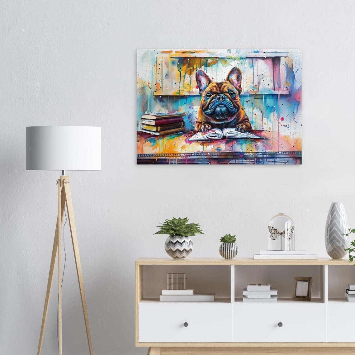 French Bulldog Reading At Desk With Stacked Books Splash Dog Poster - Image 3