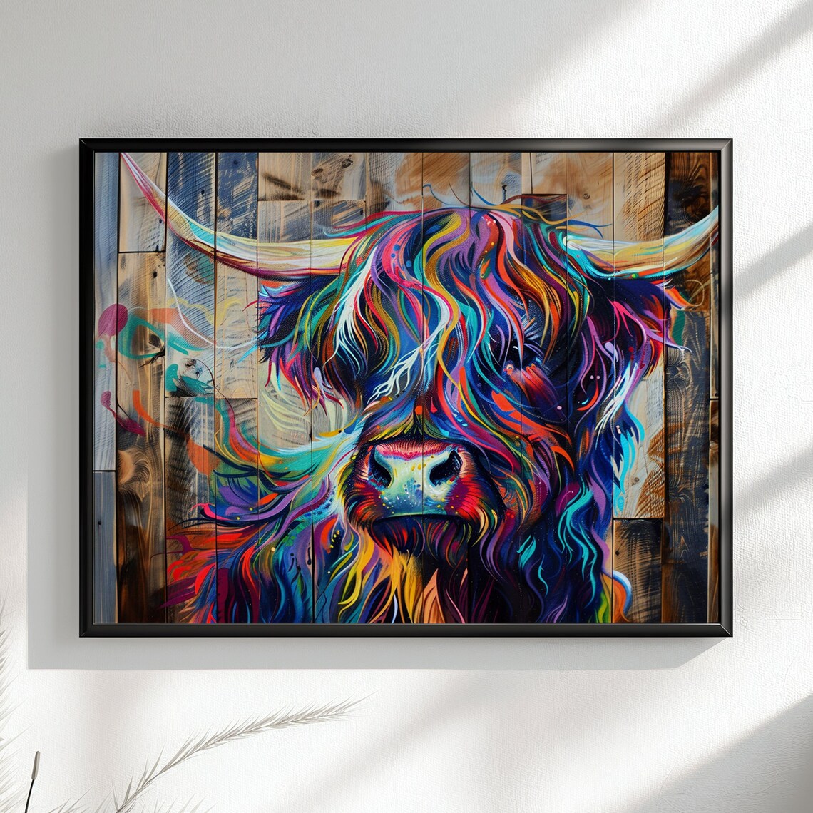 Highland Cow Rustic Wood Background Rainbow Hair Colourful Cow Poster