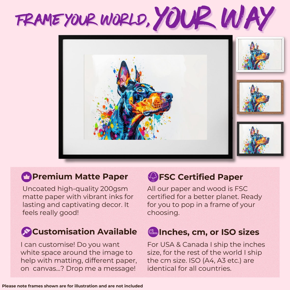 Dobermann Side Profile Watercolour Portrait Paint Splatter Poster - Image 2