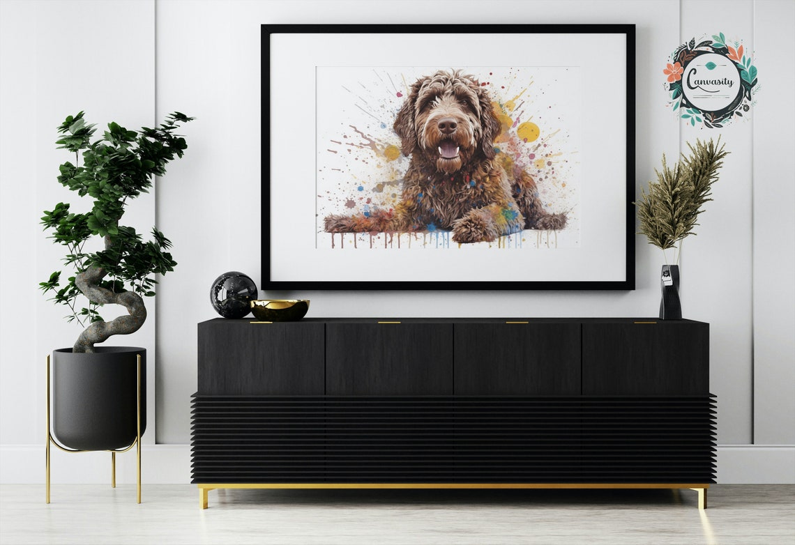 Chocolate Doodle Dog Lying Down Watercolor Splash Portrait Art Poster - Image 3