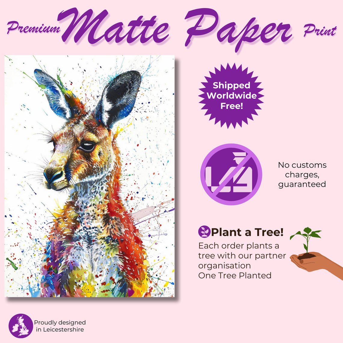Colorful Kangaroo Watercolor Profile Paint Splatter Art Poster - Image 3
