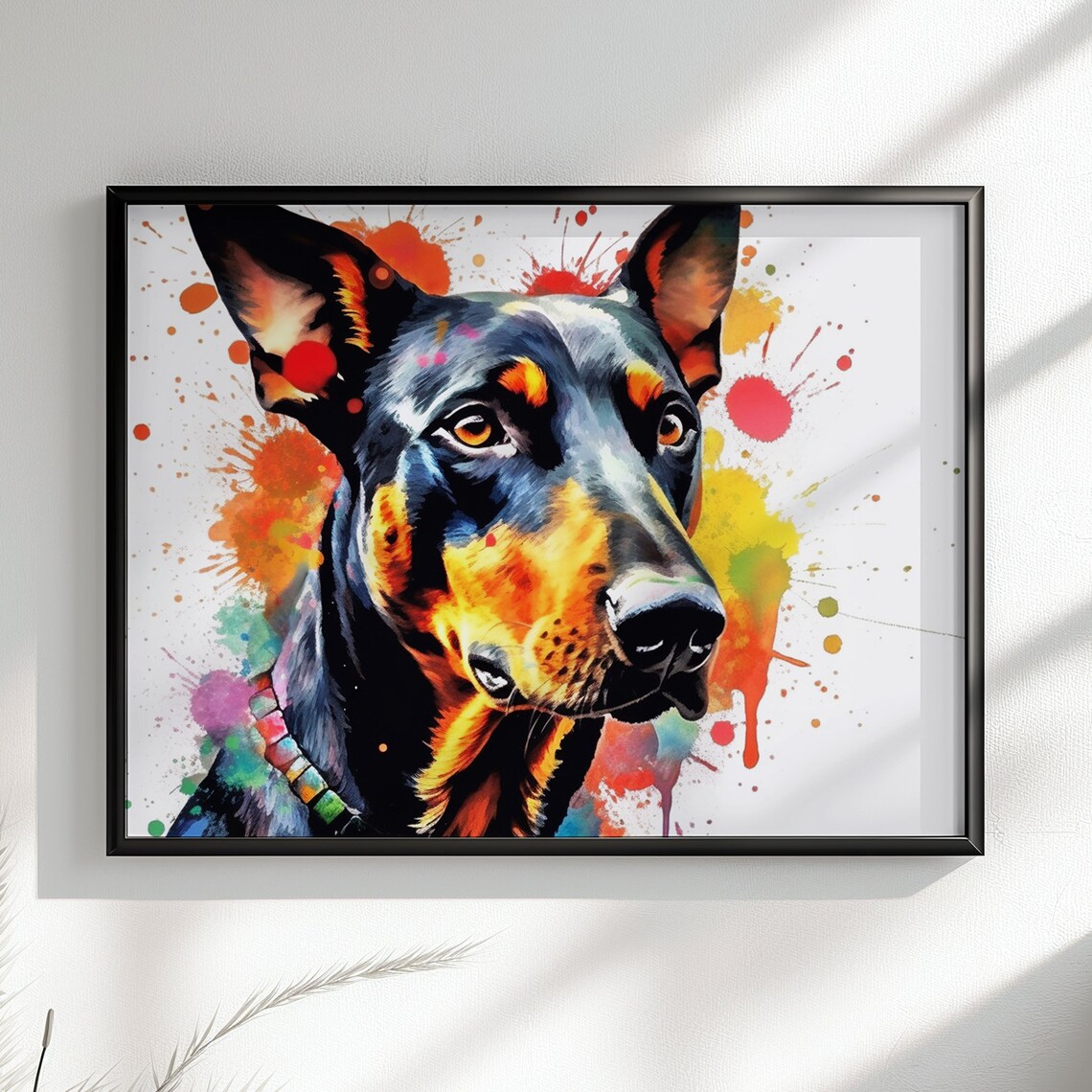 Dobermann Watercolour Portrait Beaded Collar Paint Splash Art Poster