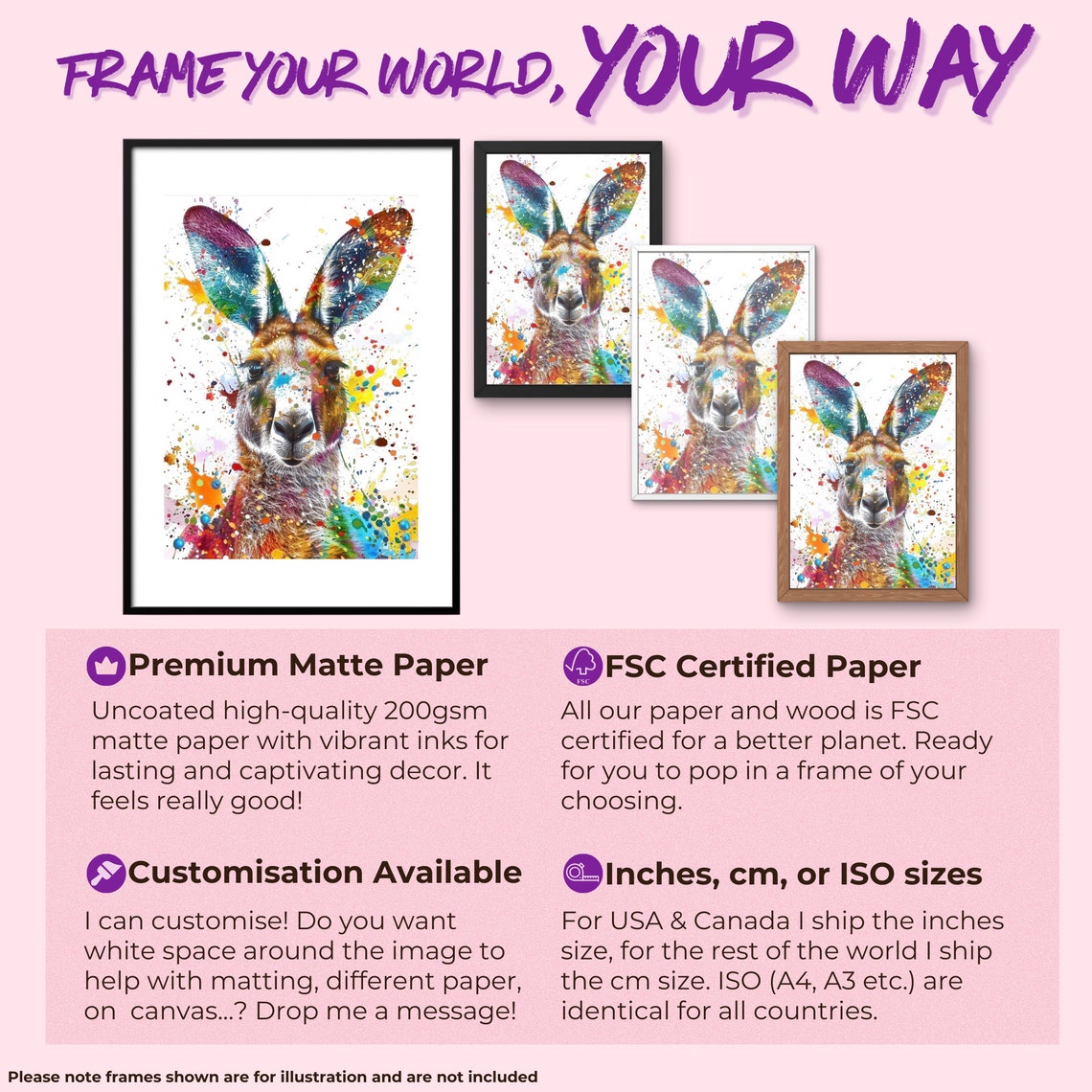 Rainbow Ear Kangaroo Watercolor Front Portrait Splash Art Poster - Image 2