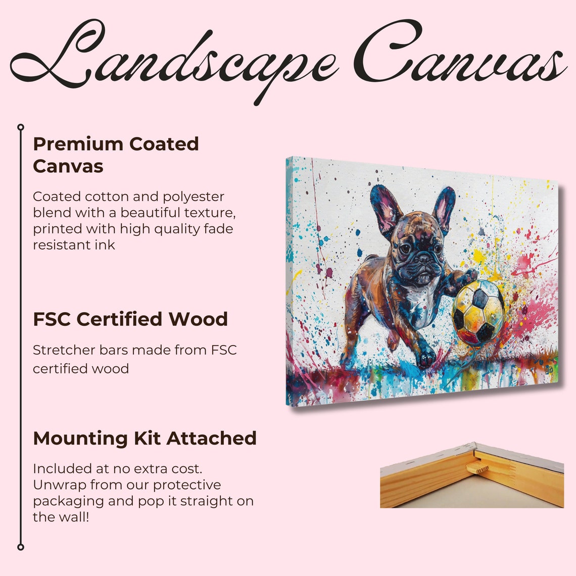 French Bulldog Puppy Playing Football Canvas Frenchie Mom Dad Sports Lover Wall Decor Gift Watercolour Wall Art Cute Soccer Ball Print - Image 2