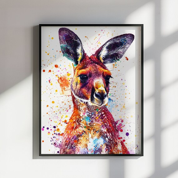 Vibrant Fiery Red Kangaroo Watercolor Portrait Splash Animal Poster