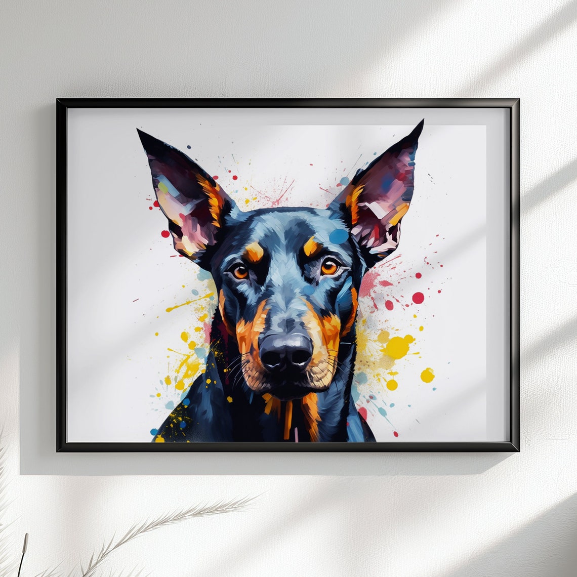 Dobermann Portrait Watercolour Splash Elegant Guard Dog Art Poster