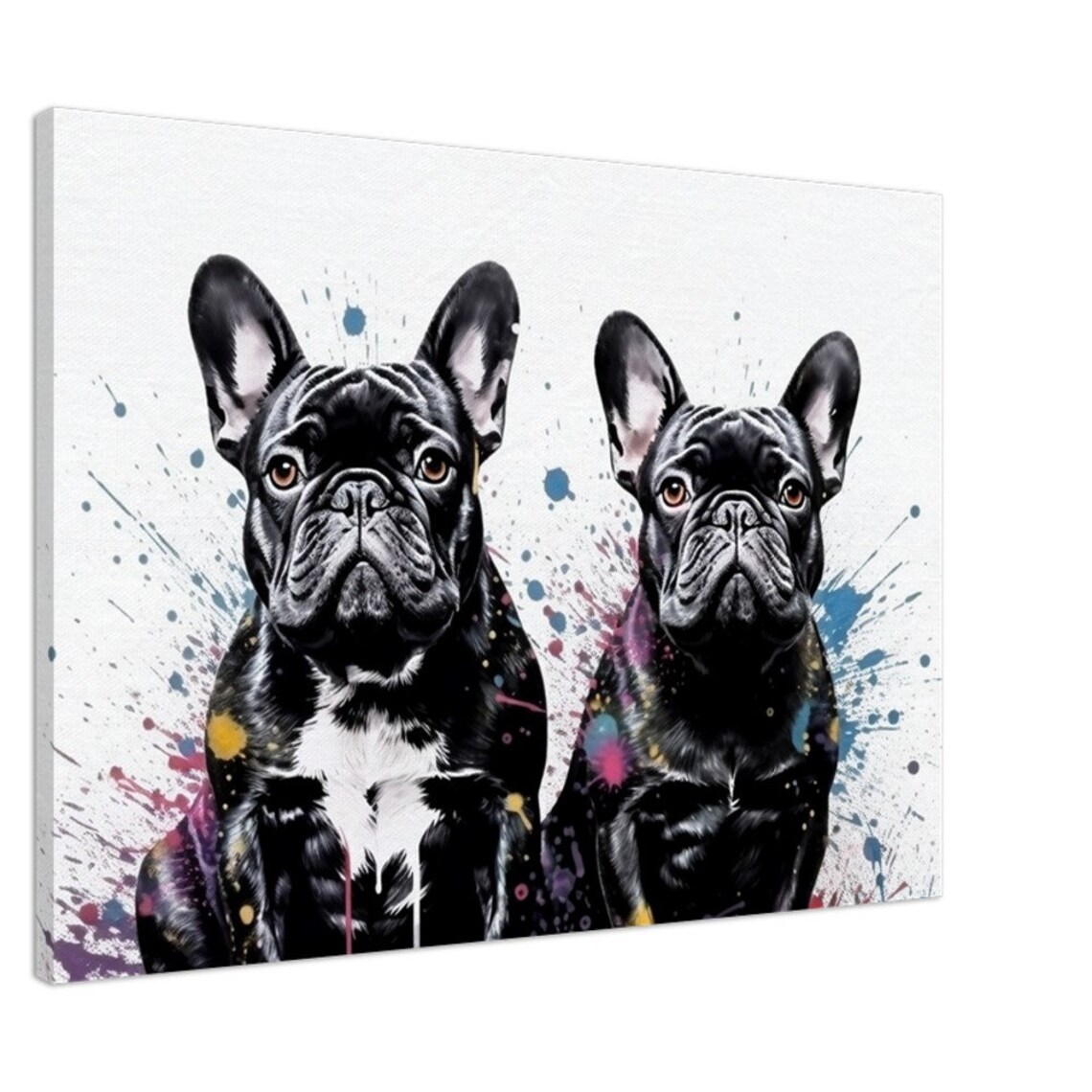 Pair Of Black French Bulldogs Rainbow Watercolor Splash Art Poster