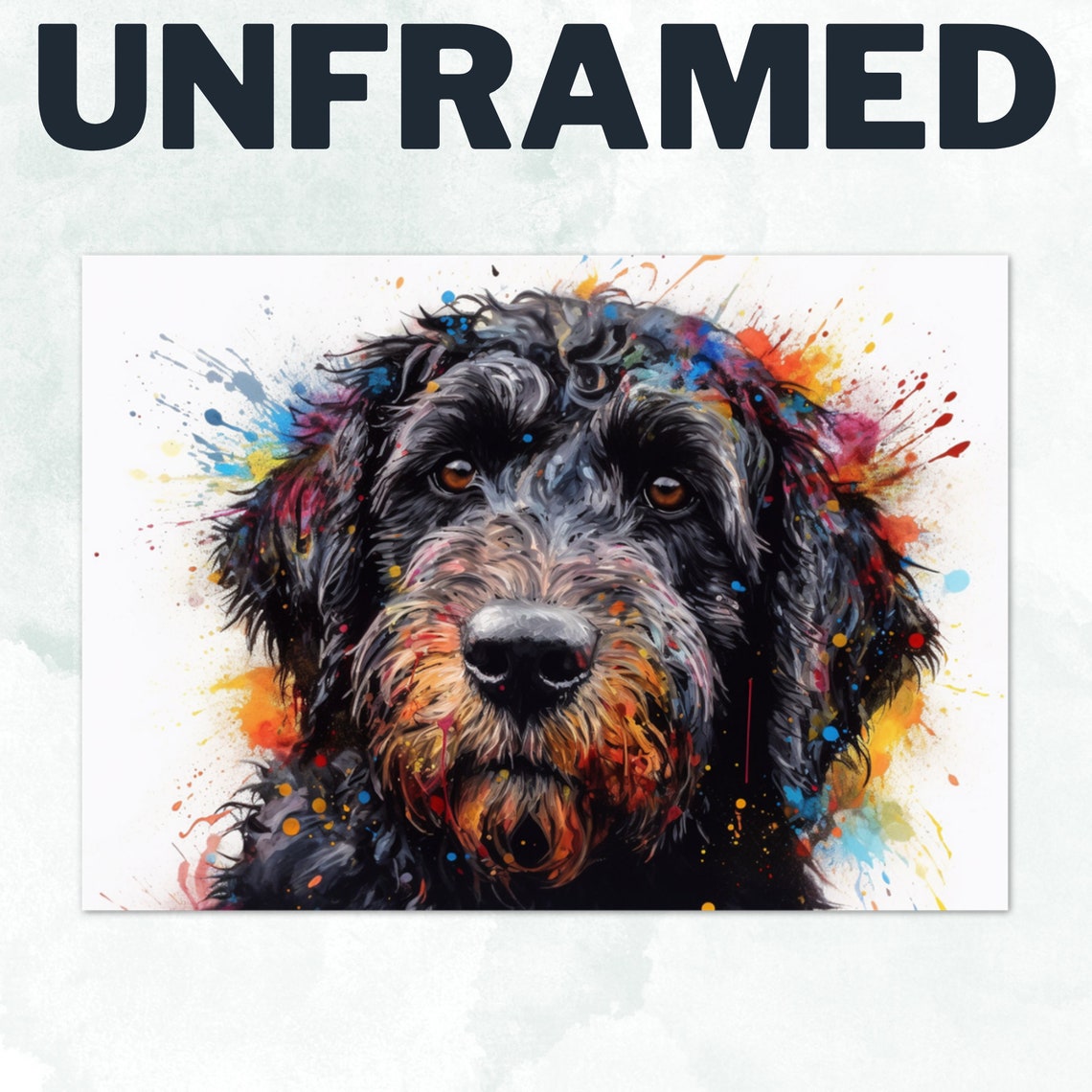 Black Doodle Dog Portrait With Bold Paint Splash Background Art Poster - Image 3