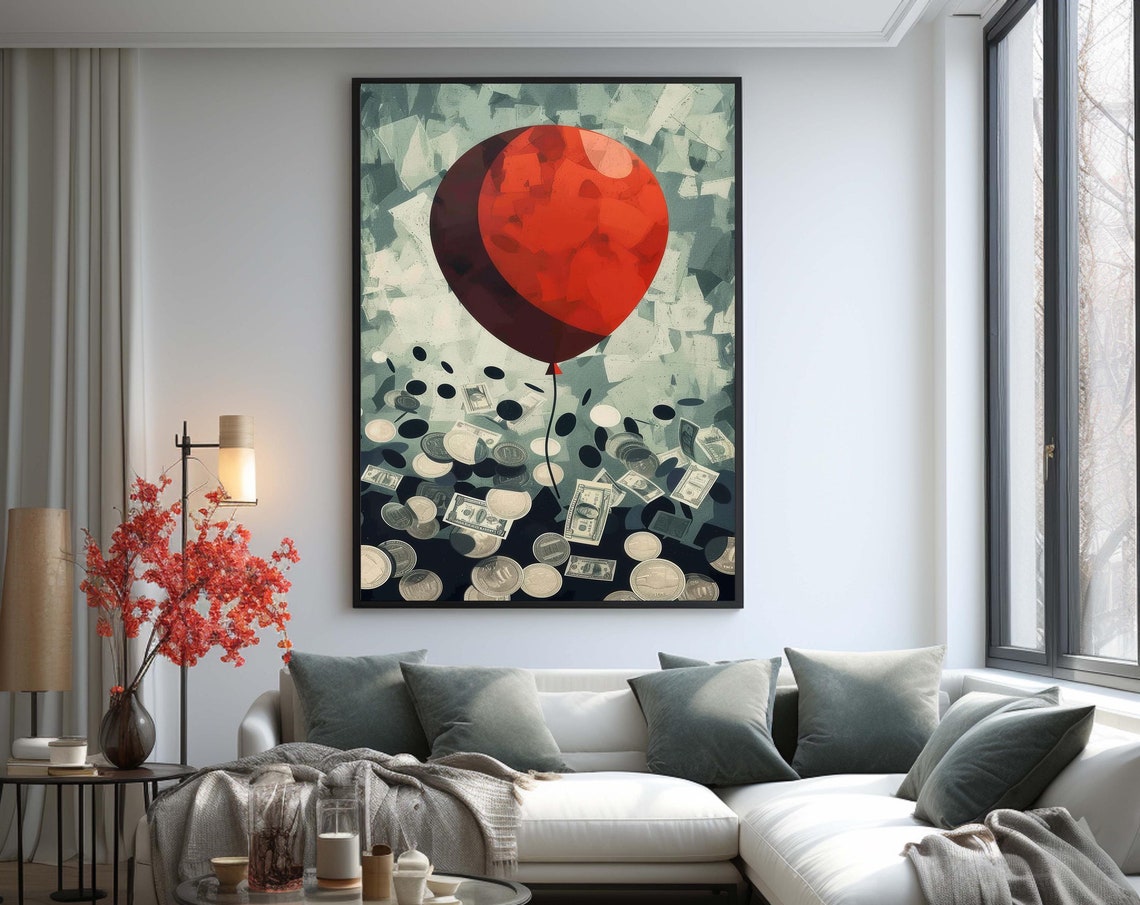 Red Balloon Falling Money Surreal Pop Art Poster Modern Wall Decor