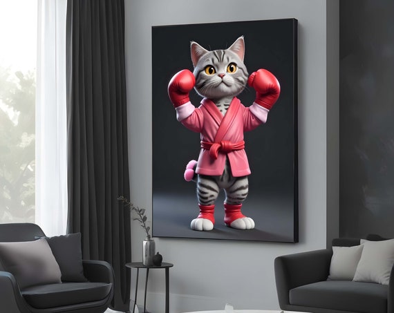 Boxing Cat Canvas Sport Wall Decor Animal Art Cute Fighter Adorable Ready To Hang
