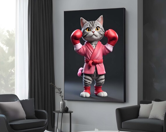 Boxing Cat Pink Robe Red Gloves Cute Funny Fighter Sport Art Poster