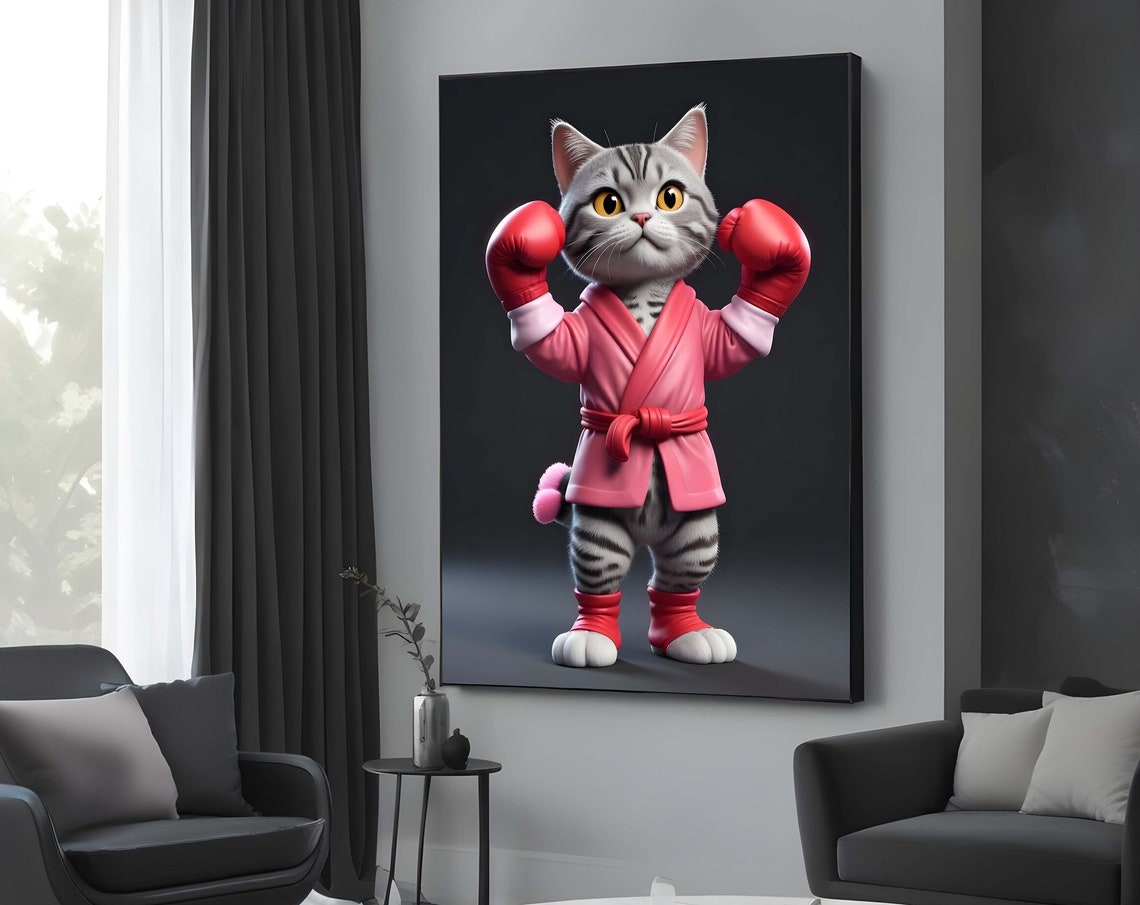 Boxing Cat Canvas Sport Wall Decor Animal Art Cute Fighter Adorable Ready To Hang