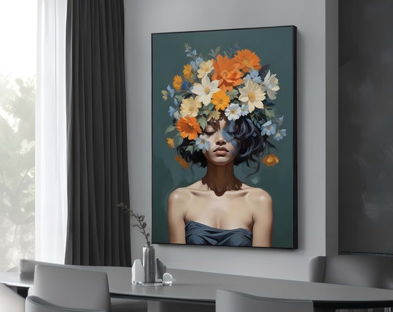 Floral Crown Woman Canvas Art Surreal Flower Portrait Ethereal Female Wall Botanical Beauty Print