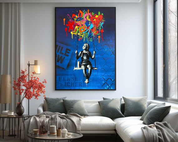 Girl On Swing Graffiti Street Art Colorful Balloons Urban Poster