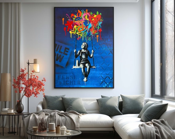 Urban Graffiti Canvas Art Swinging Girl Colorful Wall Decor Modern Street Print Ready To Hang Artwork