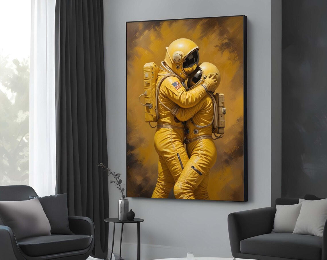 Cosmic Embrace Astronaut Couple Yellow Spacesuit Love Art Poster