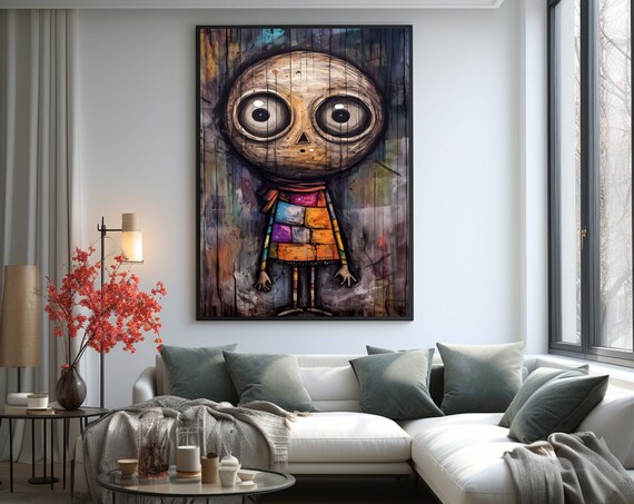 Abstract Wall Decor Whimsical Character Canvas Quirky Art Big Eyed Figure Ready To Hang