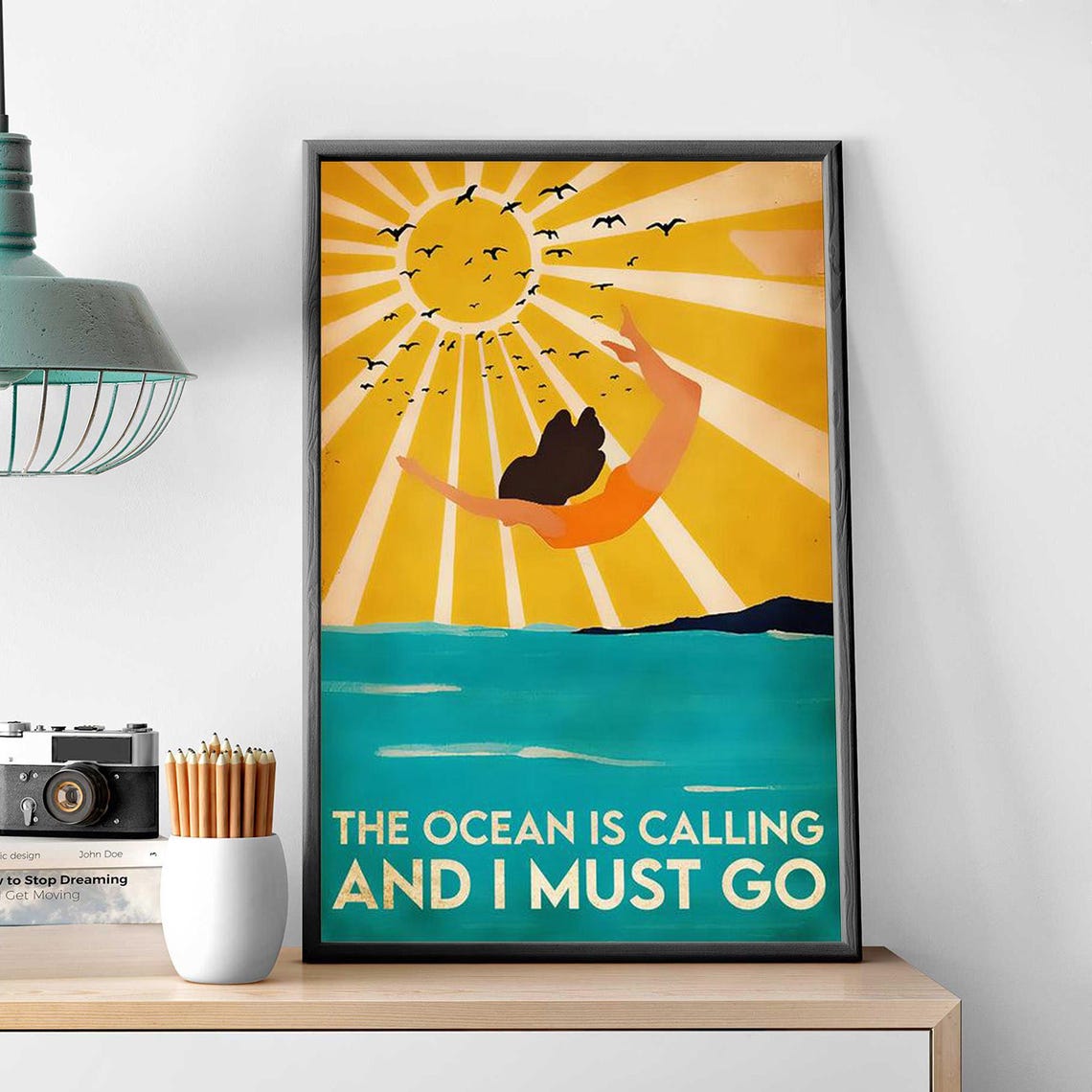 The Ocean Is Calling And I Must Go Vintage Diver Sunset Poster - Image 3