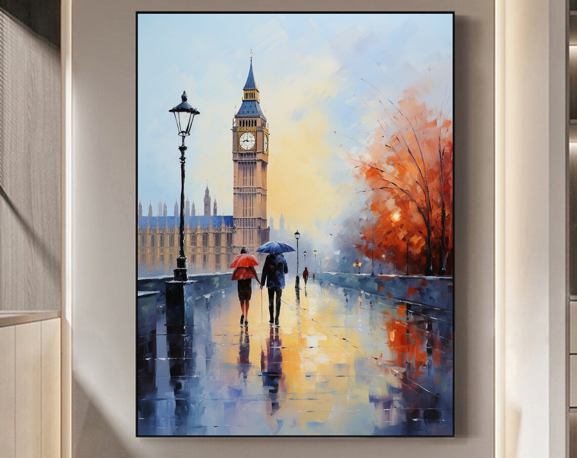Rainy London Big Ben Umbrella Couple Romantic City Art Poster