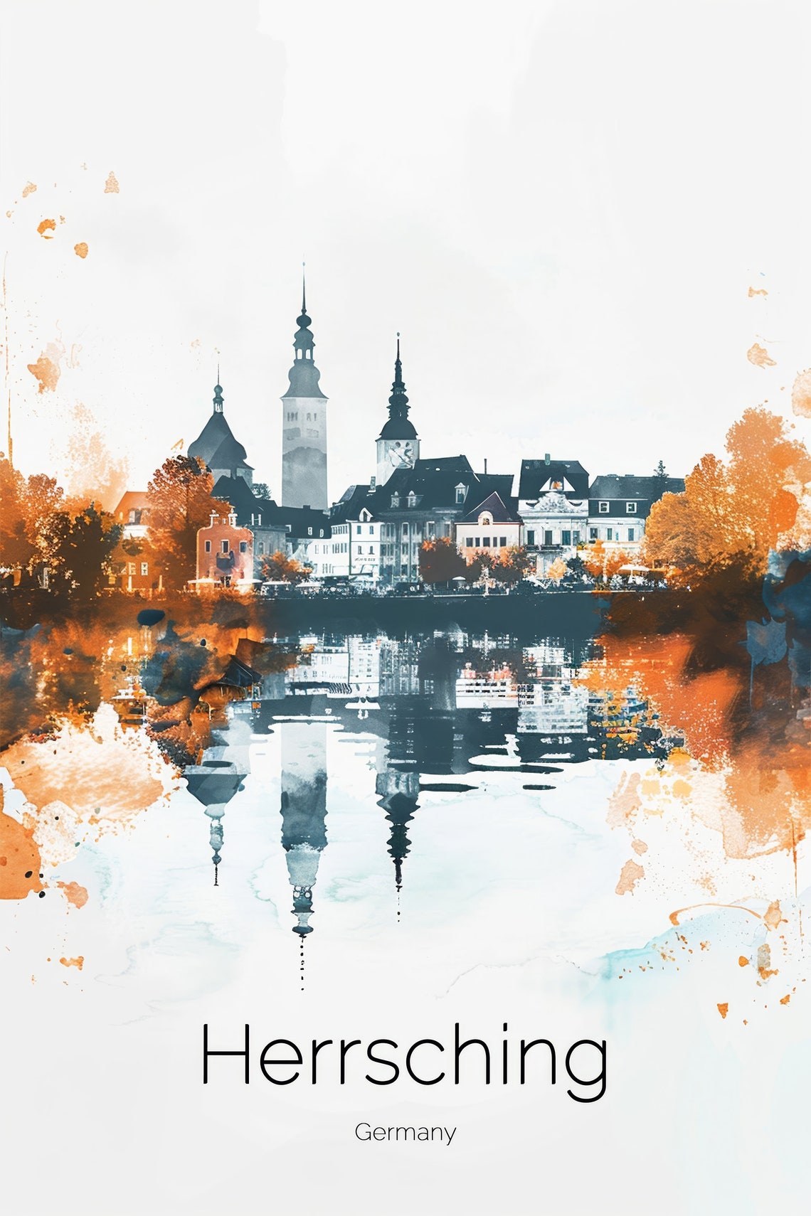 Herrsching Germany Watercolor Lake Town Church Sunset Shore Poster - Image 2