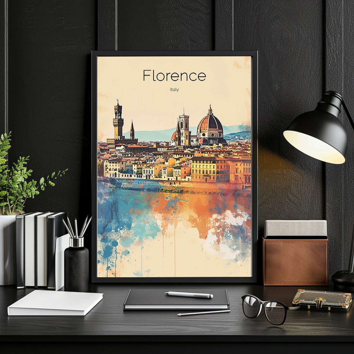 Florence Italy Watercolor Duomo Old Town Arno River Sunset Poster