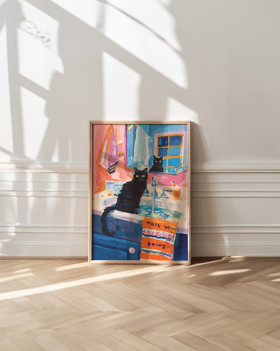 Wash Your Paws Cat Bathroom Decor Poster Print