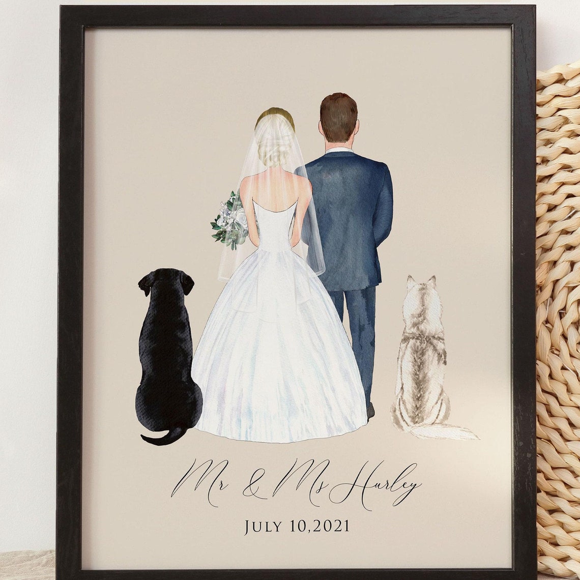 Mr and Mrs Wedding Couple with Two Dogs Custom Wedding Portrait Poster