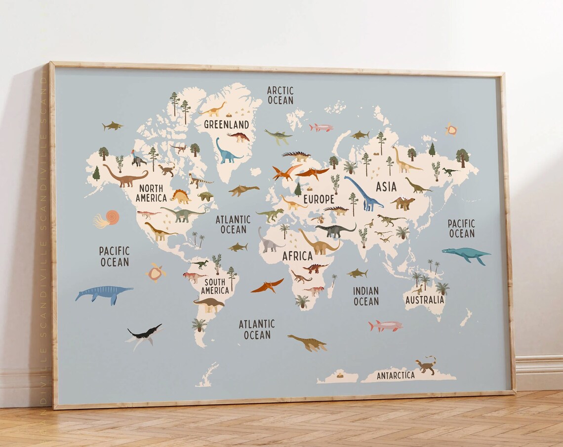 Dinosaur World Map Art Print, Nursery Educational Poster